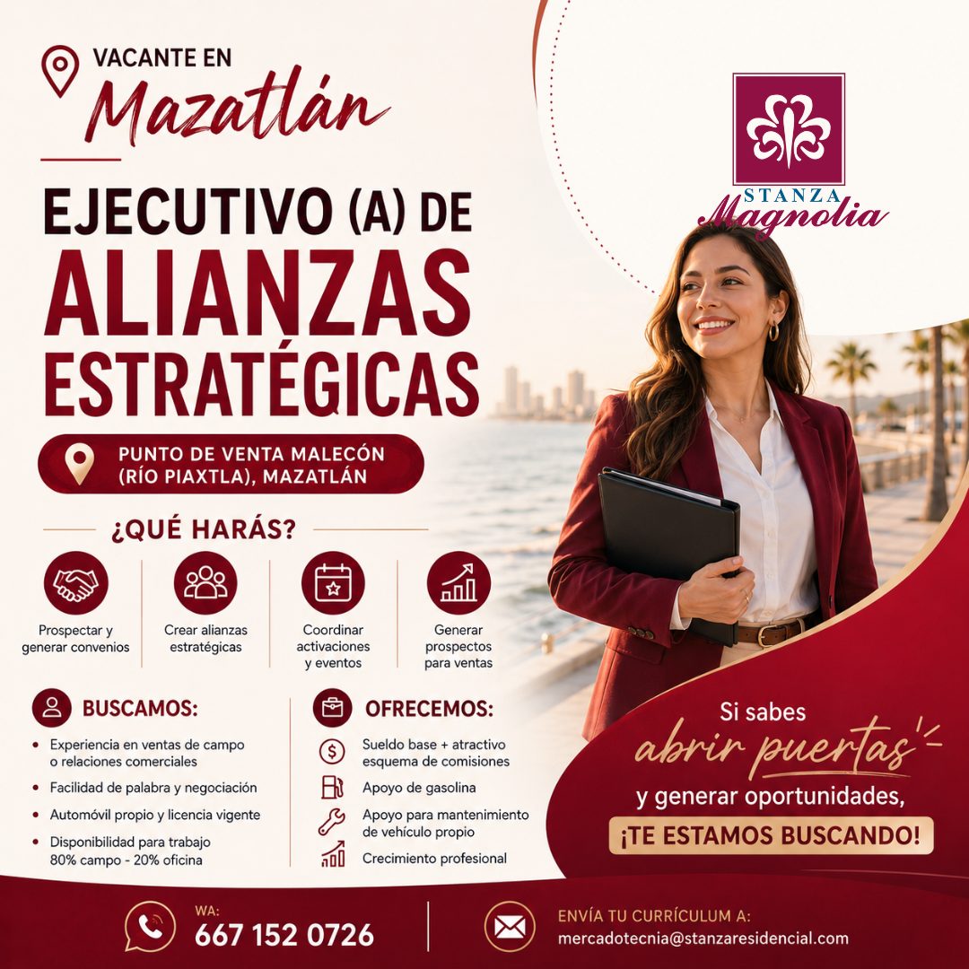 Banner del anuncio de la vacante: VACANTE EN · Mazatián · EJECUTIVO (A) DE · ALIANZAS · ESTRATÉGICAS · PUNTO DE VENTA MALECÓN · (RÍO PIAXTLA), MAZATLÁN · ¿QUÉ HARÁS? · STA · 