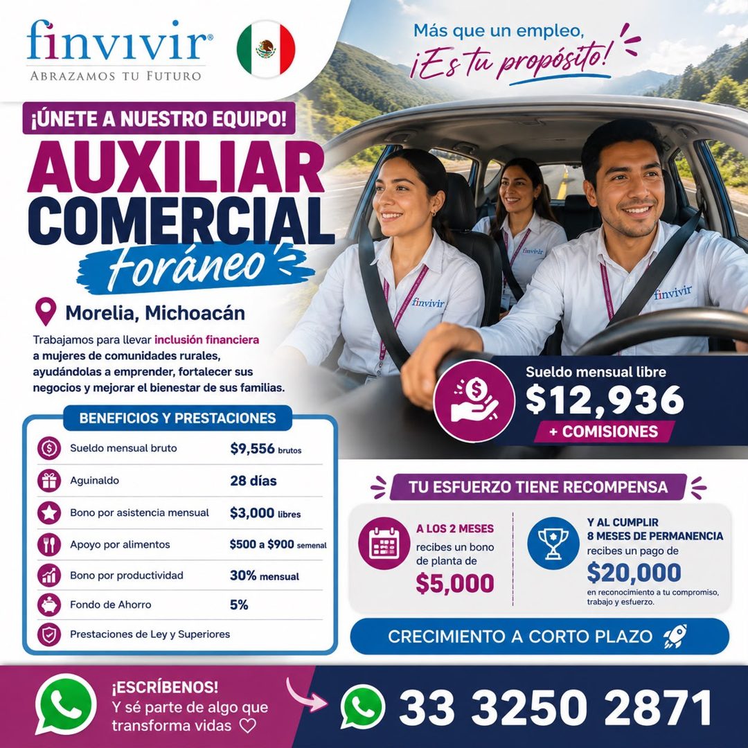 Banner del anuncio de la vacante: finvivir · ABRAZAMOS TU FUTURO · ¡ÚNETE A NUESTRO EQUIPO! · AUXILIAR · COMERCIAL · Foráneo 3 · Morelia, Michoacán · Trabajamos para llevar i