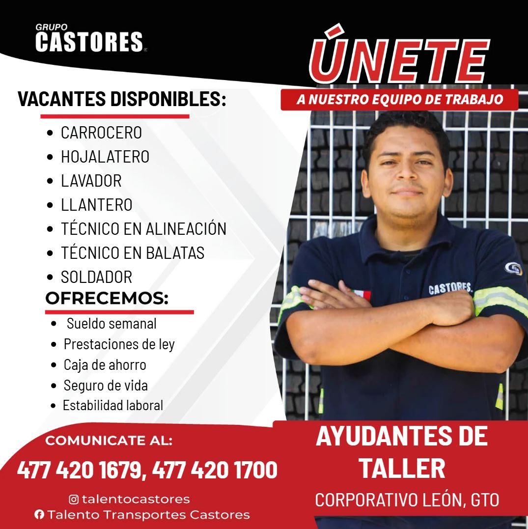 Banner del anuncio de la vacante: GRUPO · CASTORES. · ÚNETE · A NUESTRO EQUIPO DE TRABAJO · VACANTES DISPONIBLES: · • CARROCERO · • HOJALATERO · • LAVADOR · • LLANTERO · • TÉ
