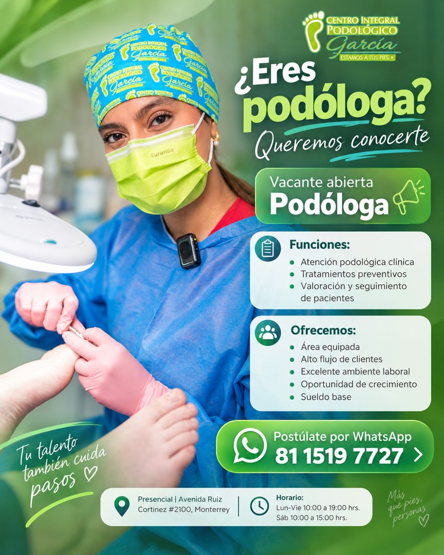 Banner del anuncio de la vacante: BLO STEGRAL · Carcia · nodeco · CATO ENCA · Garcia · Euronda · CENTRO INTEGRAL · PODOLÓGICO · García · ESTAMOS A TUS PIES • · ¿Eres · podólo