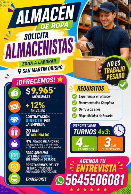 Banner del anuncio de la vacante: ALMACEN · DE ROPA · SOLICITA · ALMACENISTAS · ZONA A LABORAR · 9 SAN MARTIN OBISPO · ¡OFRECEMOS! · $9,965* · MENSUALES · {%] · + 12% · EN VA