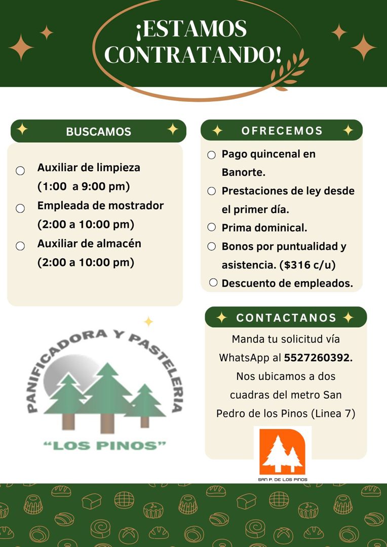 Banner del anuncio de la vacante: ¡ESTAMOS · CONTRATANDO! · BUSCAMOS · Auxiliar de limpieza · (1:00 a 9:00 pm) · Empleada de mostrador · (2:00 a 10:00 pm) · Auxiliar de almac