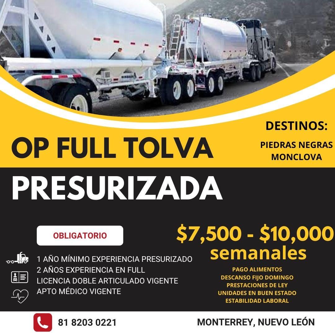 Banner del anuncio de la vacante: OP FULL TOLVA · PRESURIZADA · DESTINOS: · PIEDRAS NEGRAS · MONCLOVA · 0'0 · OBLIGATORIO · 1 AÑO MÍNIMO EXPERIENCIA PRESURIZADO · 2 AÑOS EXPE