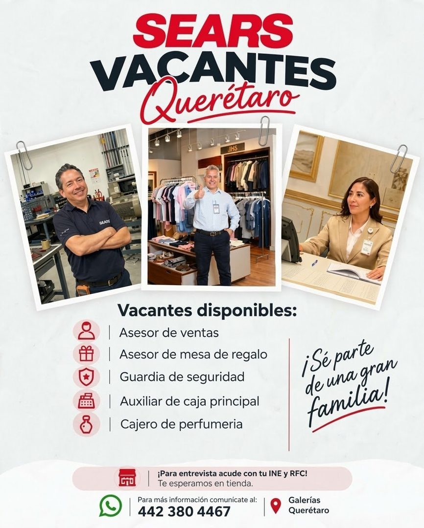 Banner del anuncio de la vacante: SEARS · VASCANTES · GRADE · Vacantes disponibles: · Asesor de ventas · Asesor de mesa de regalo · Guardia de seguridad · Auxiliar de caja pr