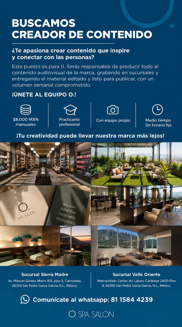 Banner del anuncio de la vacante: BUSCAMOS · CREADOR DE CONTENIDO · ¿Te apasiona crear contenido que inspire · y conectar con las personas? · Este puesto es para ti. Serás re