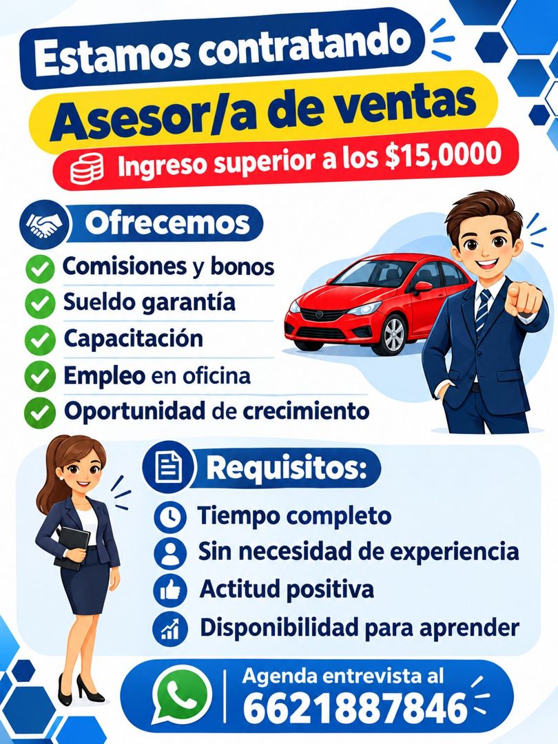 Banner del anuncio de la vacante: Estamos contratando · Asesor/a de ventas · Ingreso superior a los $15,0000 · Ofrecemos · • Comisiones y bonos · y Sueldo garantía · v Capaci