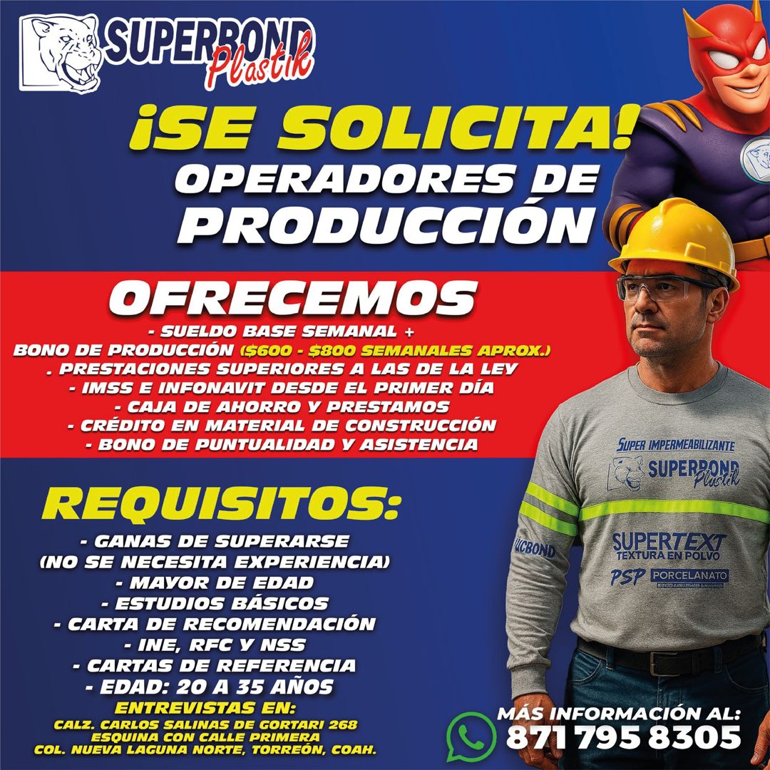 Banner del anuncio de la vacante: SUPER BOMB · ¡SE SOLICITA! · OPERADORES DE · PRODUCCIÓN · OFRECEMOS · - SUELDO BASE SEMANAL + · BONO DE PRODUCCIÓN ($600 - $800 SEMANALES AP