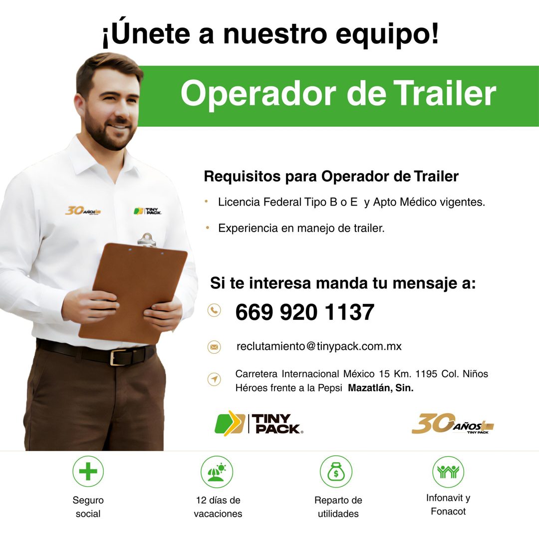 Banner del anuncio de la vacante: ¡Únete a nuestro equipo! · Operador de Trailer · I BACK · Requisitos para Operador de Trailer · • Licencia Federal Tipo B o E y Apto Médico 