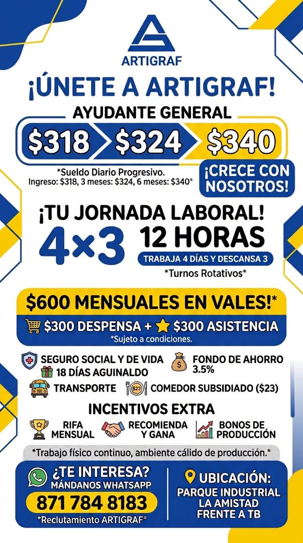 Banner del anuncio de la vacante: ARTIGRAF · ¡ÚNETE A ARTIGRAF! · AYUDANTE GENERAL · $318 · >$324 · $340 · *Sueldo Diario Progresivo. · Ingreso: $318, 3 meses: $324, 6 meses: