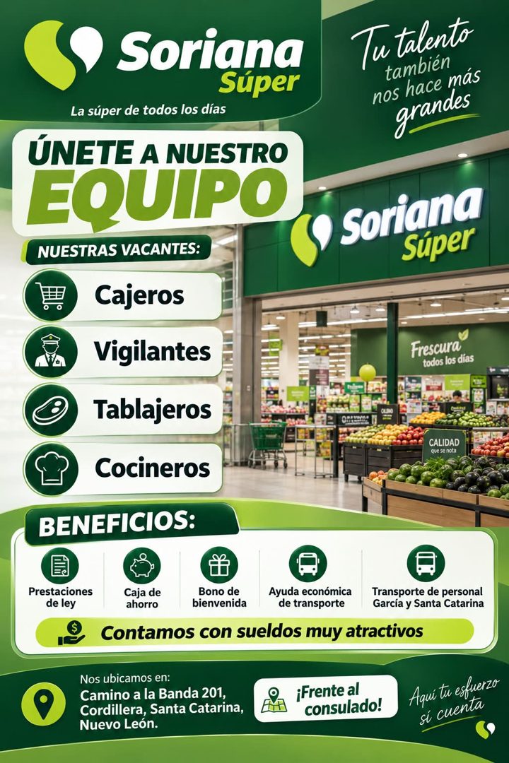 Banner del anuncio de la vacante: Soriana · Súper · La súper de todos los días · ÚNETE A NUESTRO · EQUIPO · NUESTRAS VACANTES: · Cajeros · Vigilantes · Tablajeros · Cocineros