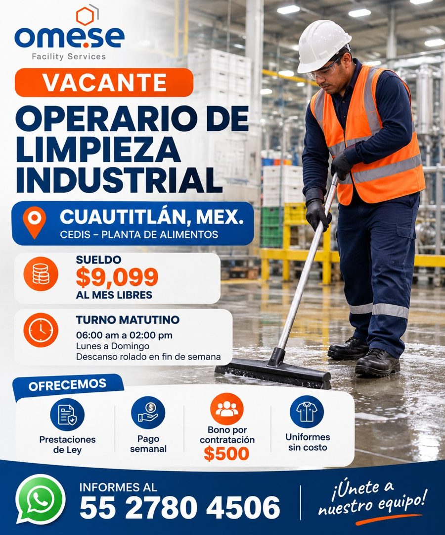 Banner del anuncio de la vacante: omese · Facility Services · VACANTE · OPERARIO DE · LIMPIEZA · INDUSTRIAL · CUAUTITLÁN, MEX. · CEDIS - PLANTA DE ALIMENTOS · SUELDO · $9,099