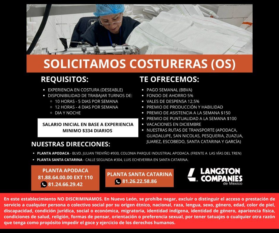 Banner del anuncio de la vacante: SOLICITAMOS COSTURERAS (OS) · REQUISITOS: · TE OFRECEMOS: · • EXPERIENCIA EN COSTURA (DESEABLE) · • PAGO SEMANAL (BBVA) · • DISPONIBILIDAD D
