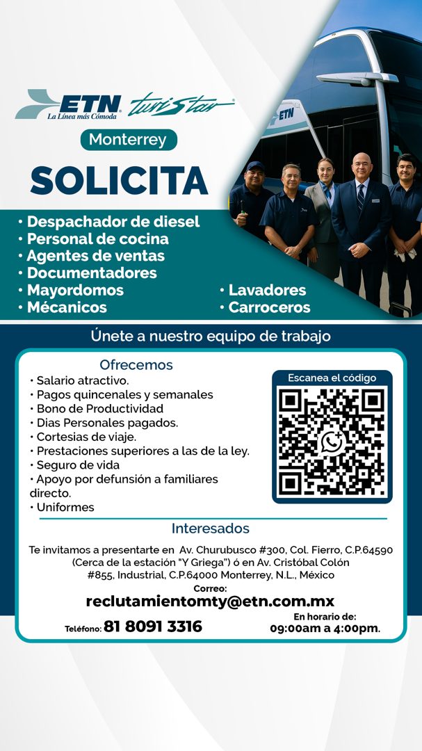 Banner del anuncio de la vacante: La Línea más Cómoda · ETN turistor · Monterrey · -ETN · SOLICITA · • Despachador de diesel · • Personal de cocina · • Agentes de ventas · • 