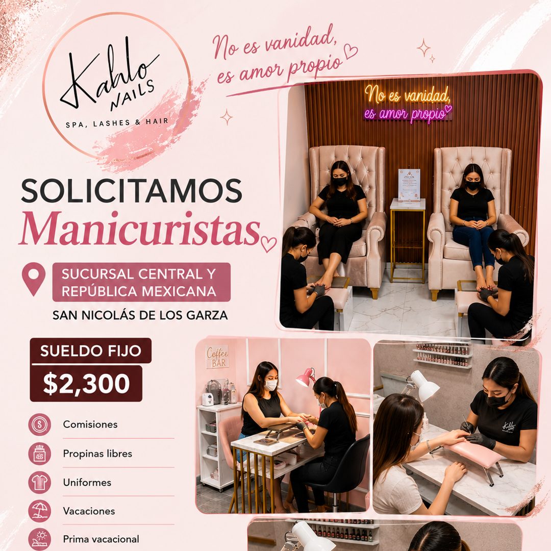 Banner del anuncio de la vacante: K/ho · SPA, LASHES & HAIR · No es vanidad, · es amor propio b · No es vanidad, · es amor propio? · SOLICITAMOS · Manicuristas, · SUCURSAL CE