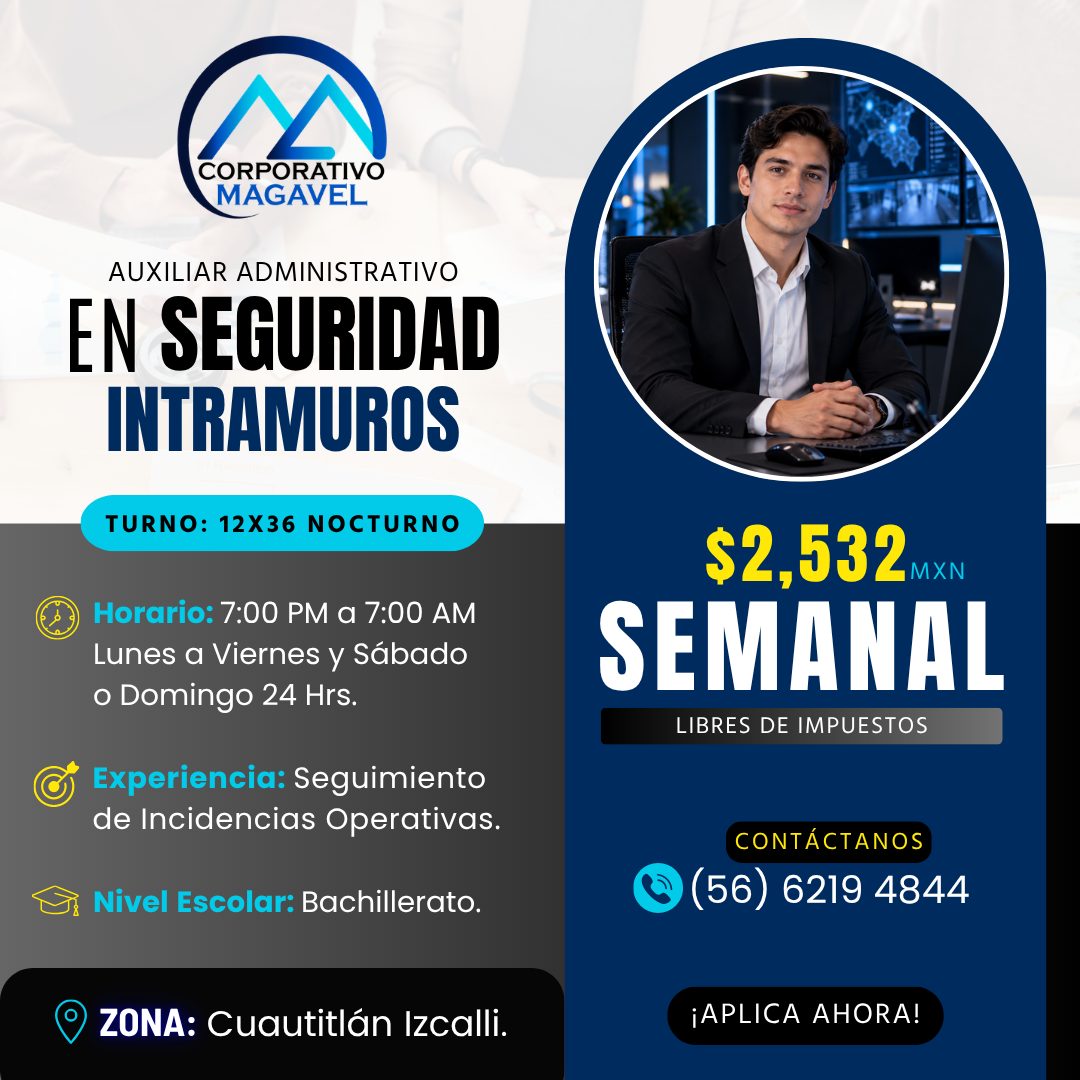 Banner del anuncio de la vacante: CORPORATIVO · MAGAVEL · AUXILIAR ADMINISTRATIVO · EN SEGURIDAD · INTRAMUROS · TURNO: 12X36 NOCTURNO · Horario: 7:00 PM a 7:00 AM · Lunes a V