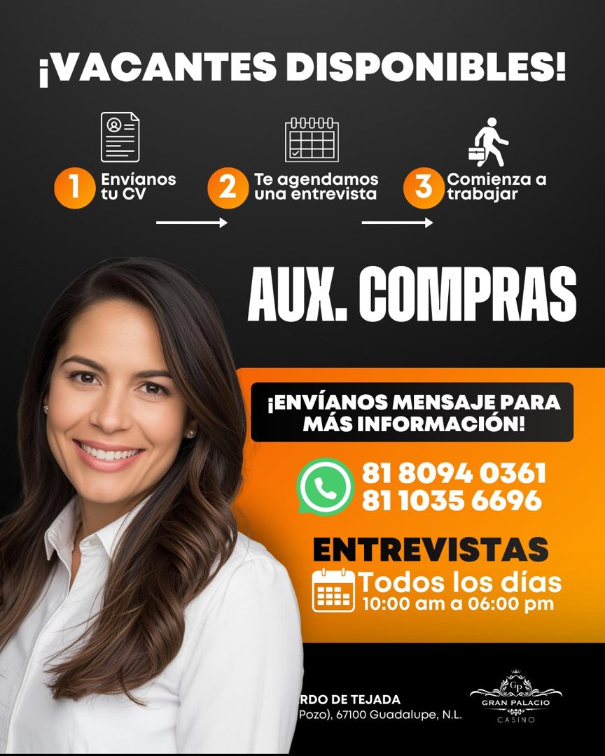 Banner del anuncio de la vacante: ¡VACANTES DISPONIBLES! · 1 · Envianos · tu CV · 2 · Te agendamos · una entrevista · 3 · Comienza a · trabajar · AUX. COMPRAS · ¡ENVÍANOS MEN