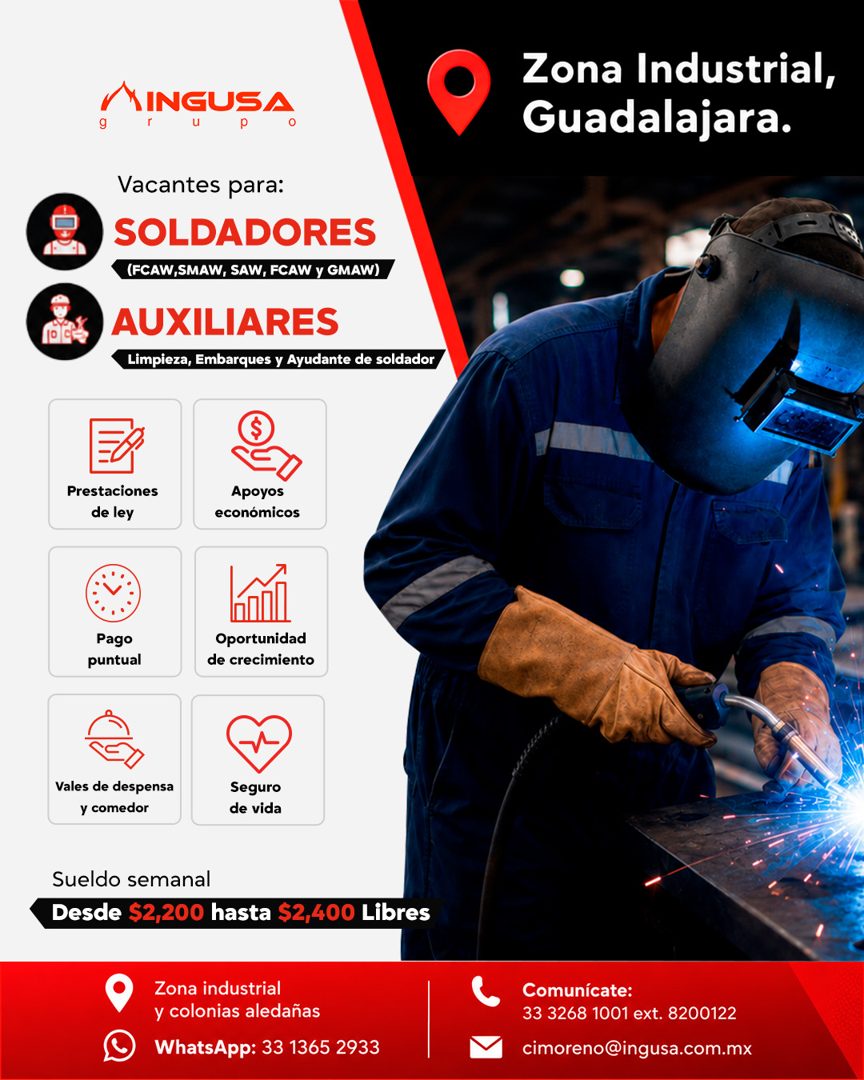 Banner del anuncio de la vacante: MINGUSA · Zona Industrial, · Guadalajara. · Vacantes para. · SOLDADORES · (FCAW,SMAW, SAW, FCAW y GMAW) · AUXILIARES · Limpieza, Embarques y
