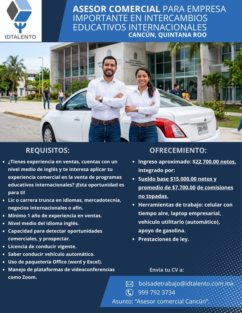 Banner del anuncio de la vacante: IDTALENTO · ASESOR COMERCIAL PARA EMPRESA · IMPORTANTE EN INTERCAMBIOS · EDUCATIVOS INTERNACIONALES · CANCÚN, QUINTANA ROO · VENSA · 090-156