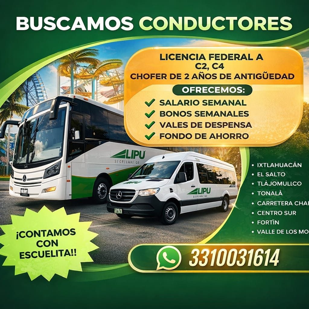 Banner del anuncio de la vacante: BUSCAMOS CONDUCTORES · LICENCIA FEDERAL A · C2, C4 · CHOFER DE 2 AÑOS DE ANTIGUEDAD · OFRECEMOS: · SALARIO SEMANAL · BONOS SEMANALES · VALES