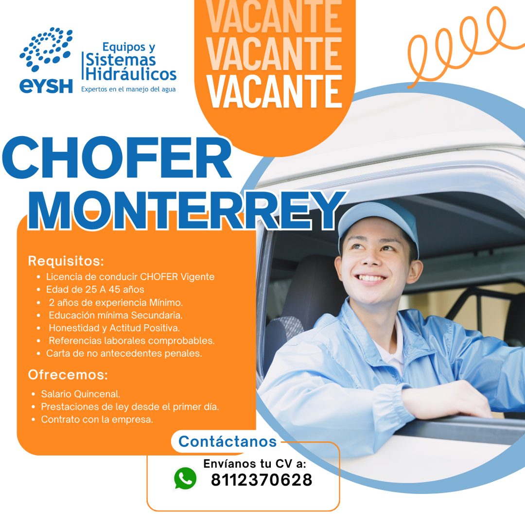 Banner del anuncio de la vacante: eYSH · Equipos y · Sistemas · Hidráulicos · Expertos en el manejo del agua · VACANTE · VACANTE · VACANTE · CHOFER · MONTERREY · Requisitos: 