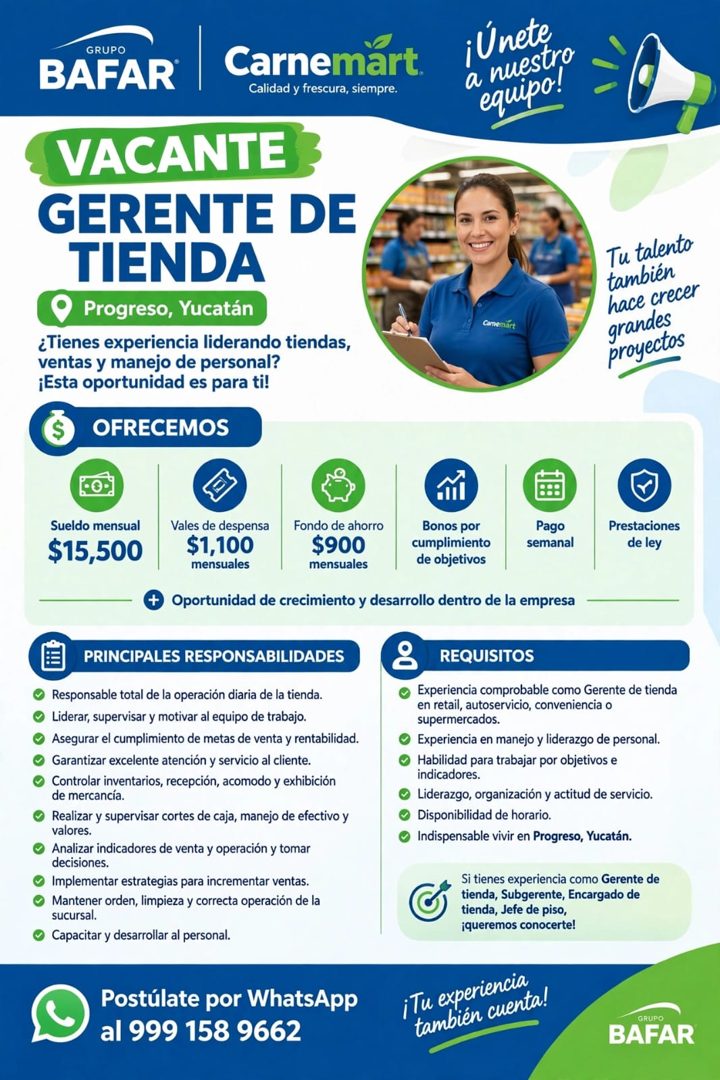 Banner del anuncio de la vacante: GRUPO · BAFAR · Carnemart · Calidad y frescura, siempre. · VACANTE · GERENTE DE · TIENDA · Progreso, Yucatán · ¿Tienes experiencia liderando