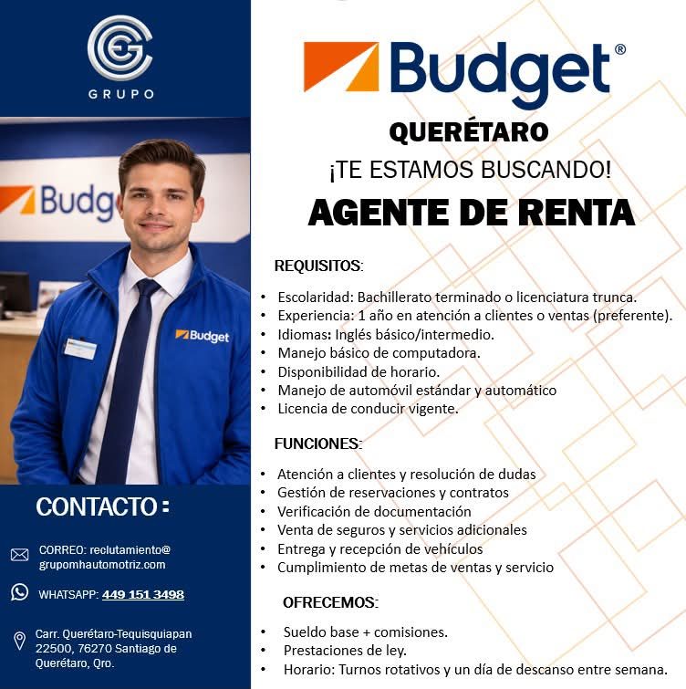 Banner del anuncio de la vacante: GRUPO · Budg · Budget · CONTACTO : · CORREO: reclutamiento@ · grupomhautomotriz.com · WHATSAPP: 449 151 3498 · Carr. Querétaro-Tequisquiapan