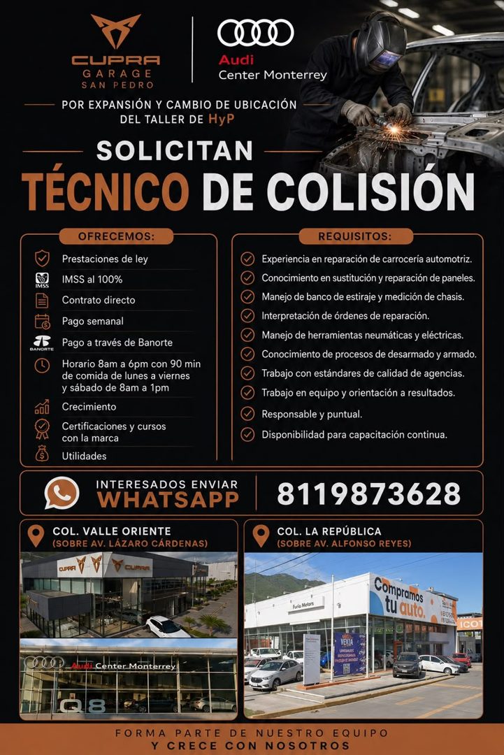 Banner del anuncio de la vacante: a00 · CUPRA · Audi · GARAGE · Center Monterrey · SAN PEDRO · POR EXPANSIÓN Y CAMBIO DE UBICACIÓN · DEL TALLER DE HyP · SOLICITAN · TÉCNICO D