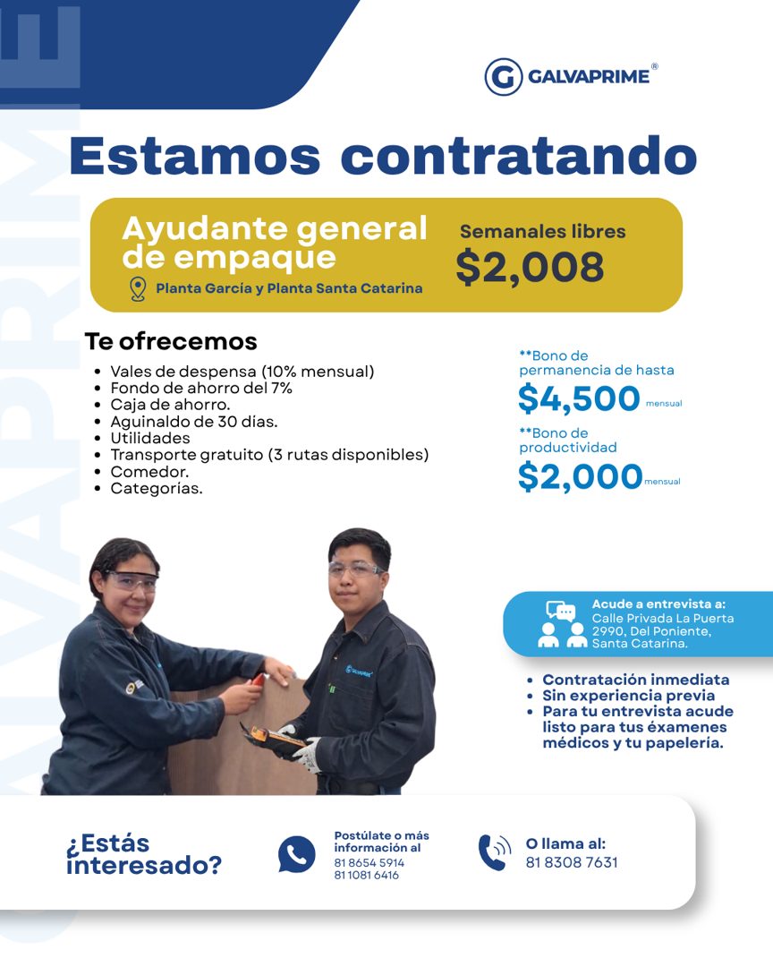 Banner del anuncio de la vacante: @CALVAPRIME® · Estamos contratando · Ayudante general · de empaque · 9 Planta García y Planta Santa Catarina · Te ofrecemos · • Vales de des