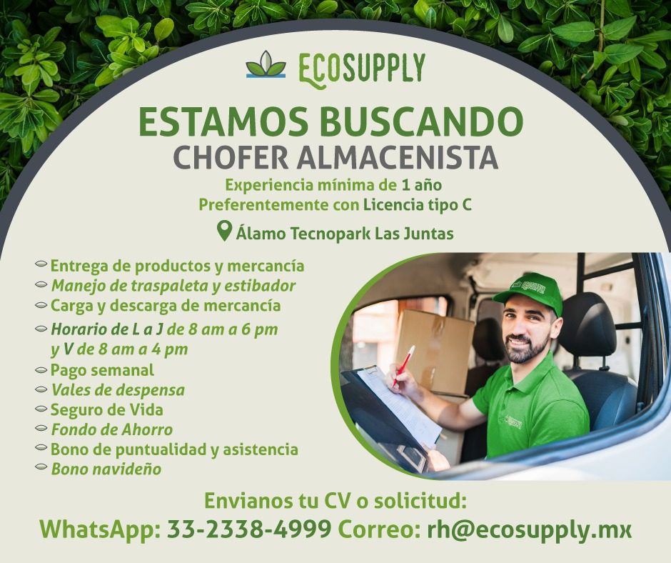 Banner del anuncio de la vacante: ECOSUPPLY · ESTAMOS BUSCANDO · CHOFER ALMACENISTA · Experiencia minima de 1 año · Preferentemente con Licencia tipo C · •Álamo Tecnopark Las
