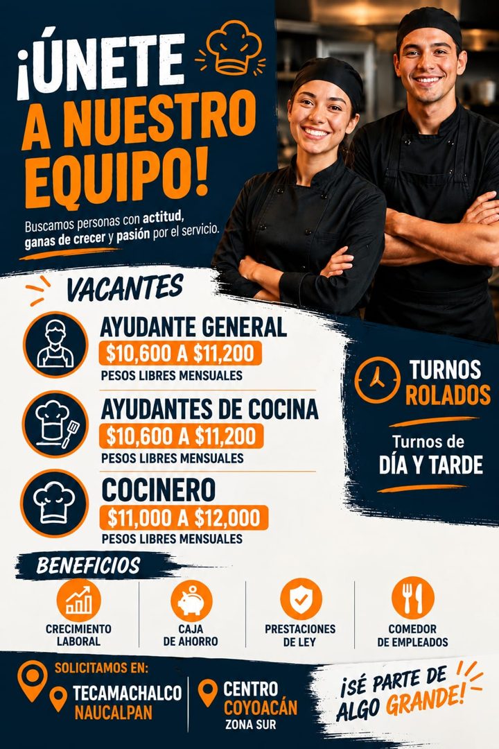 Banner del anuncio de la vacante: ¡ÚNETE · A NUESTRO · EQUIPO! · Buscamos personas con actitud, · ganas de crecer y pasión por el servicio. · VACANTES · AYUDANTE GENERAL · $1