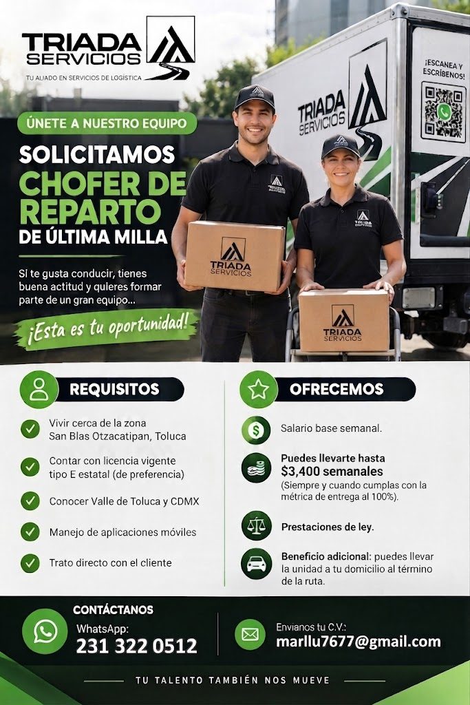 Banner del anuncio de la vacante: TRIADA · SERVICIOS · TU AUADO EN SERVICIOS DE LOGISTICA · ¡ESCANEA Y · ESCRIBENOS! · ÚNETE A NUESTRO EQUIPO · SOLICITAMOS · CHOFER DE · REPA