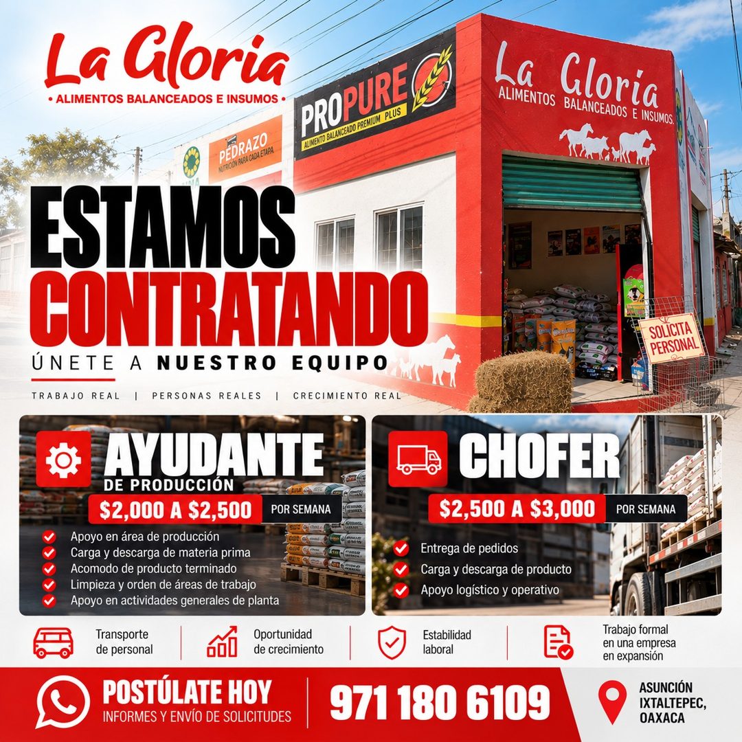 Banner del anuncio de la vacante: La Gloria · • ALIMENTOS BALANCEADOS E INSUMOS • · PROPURE C · NUTROON PARA CACA ETAPA · PEDRAZO. · ALIMENTO BALANDEADO PREMIUM PLUS · ESTAMO