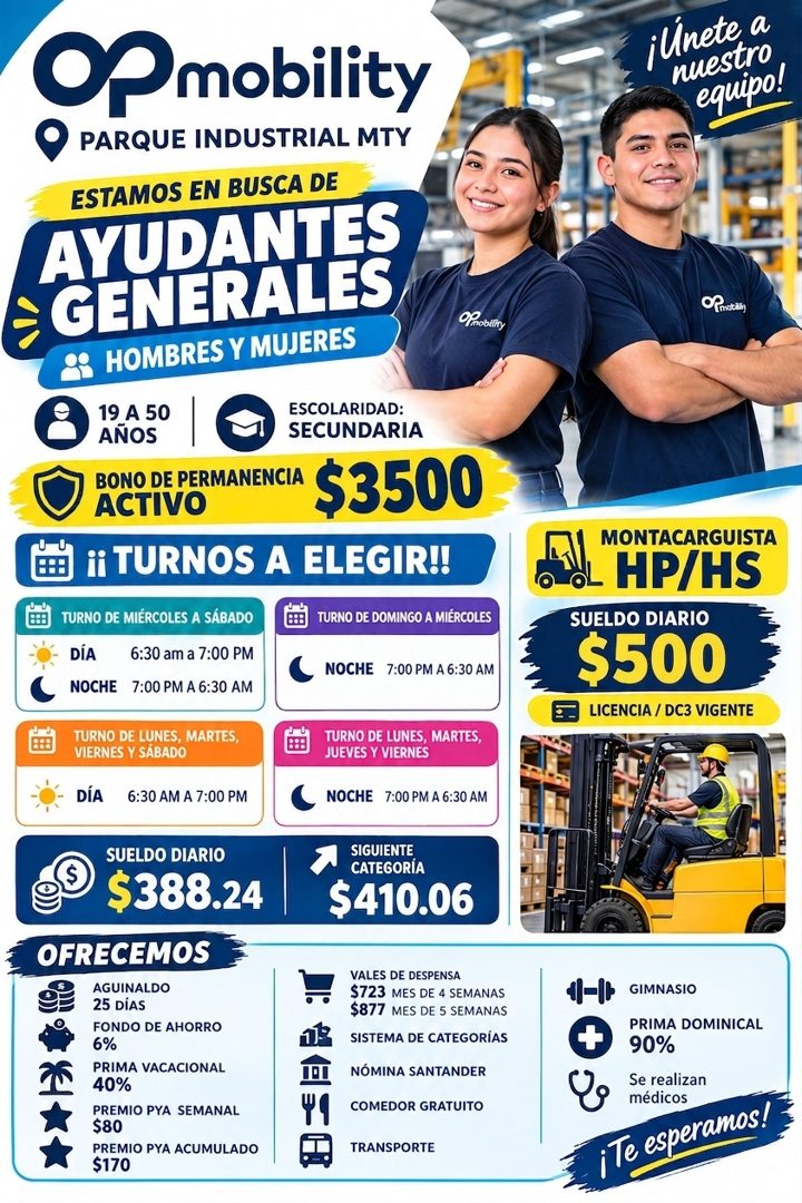 Banner del anuncio de la vacante: Opmobility · PARQUE INDUSTRIAL MTY · ESTAMOS EN BUSCA DE · AYUDANTES · ÷ GENERALES · HOMBRES Y MUJERES · Ofinobtity · 19 A 50 · AÑOS · ESCOL