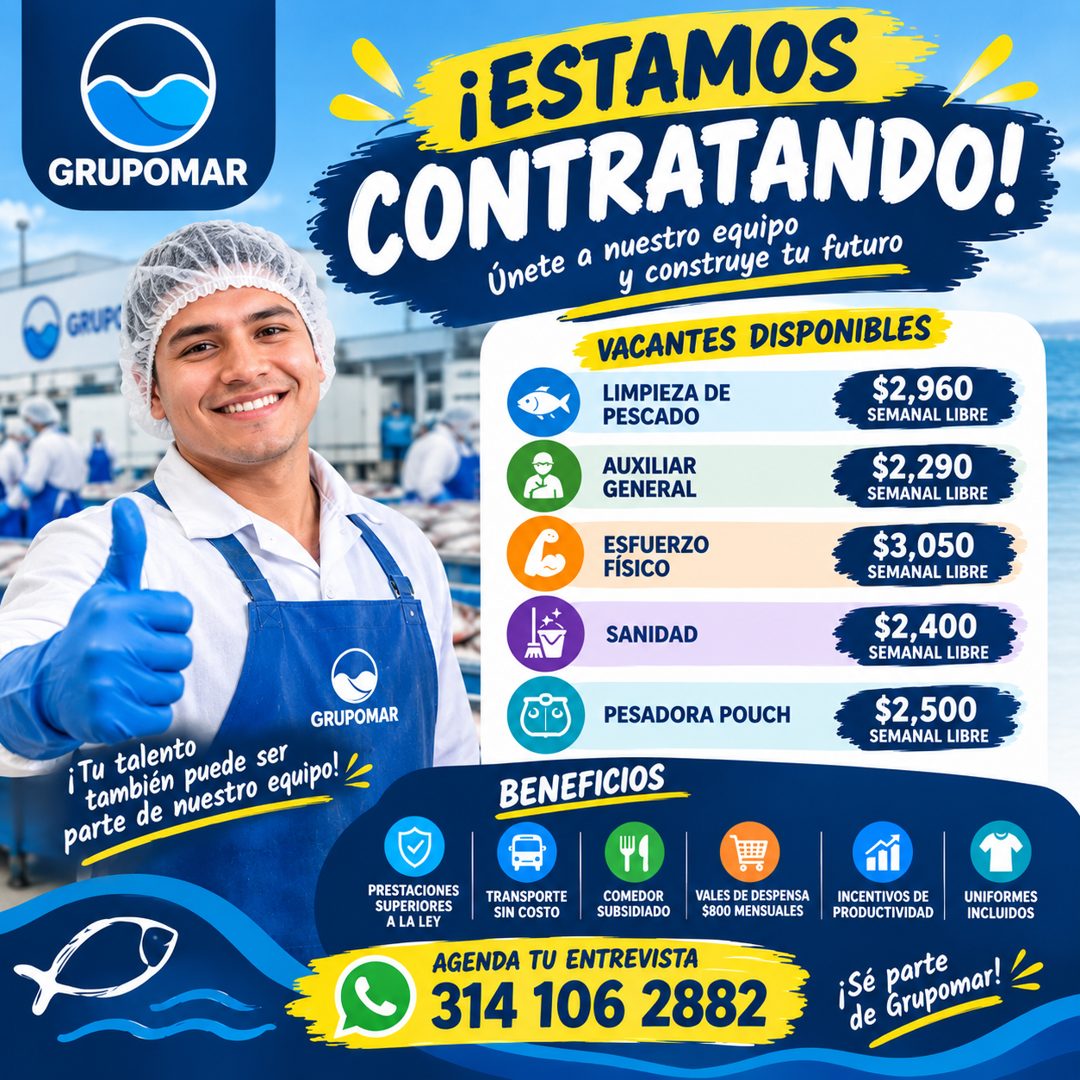 Banner del anuncio de la vacante: GRUPOMAR · GRUPS · ¡ESTAMOS · CONTRATANDO! · Únete a nuestro equipo · y construye tu futuro · VACANTES DISPONIBLES · LIMPIEZA DE · $2,960 · 