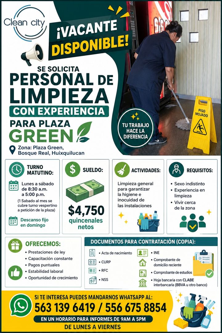 Banner del anuncio de la vacante: Clean city · iVACANTE · DISPONIBLE! · SE SOLICITA · PERSONAL DE · LIMPIEZA · CON EXPERIENCIA · PARA PLAZA · GREEN · Zona: Plaza Green, · Bos