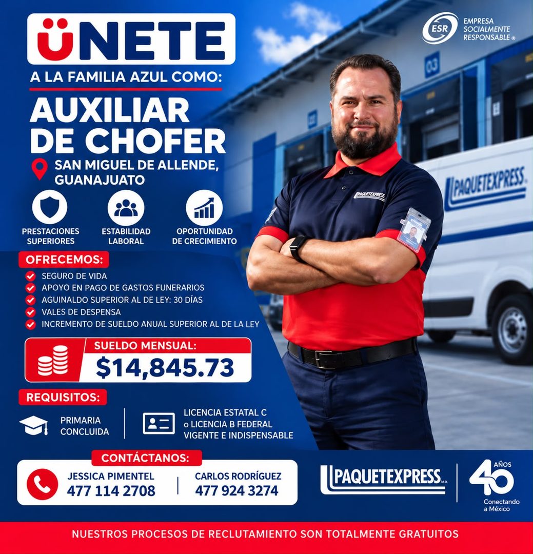 Banner del anuncio de la vacante: ÜNETE · A LA FAMILIA AZUL COMO: · AUXILIAR · DE CHOFER · SAN MIGUEL DE ALLENDE, · GUANAJUATO · ESR · EMPRESA · SOCIALMENTE · RESPONSABLE • ·