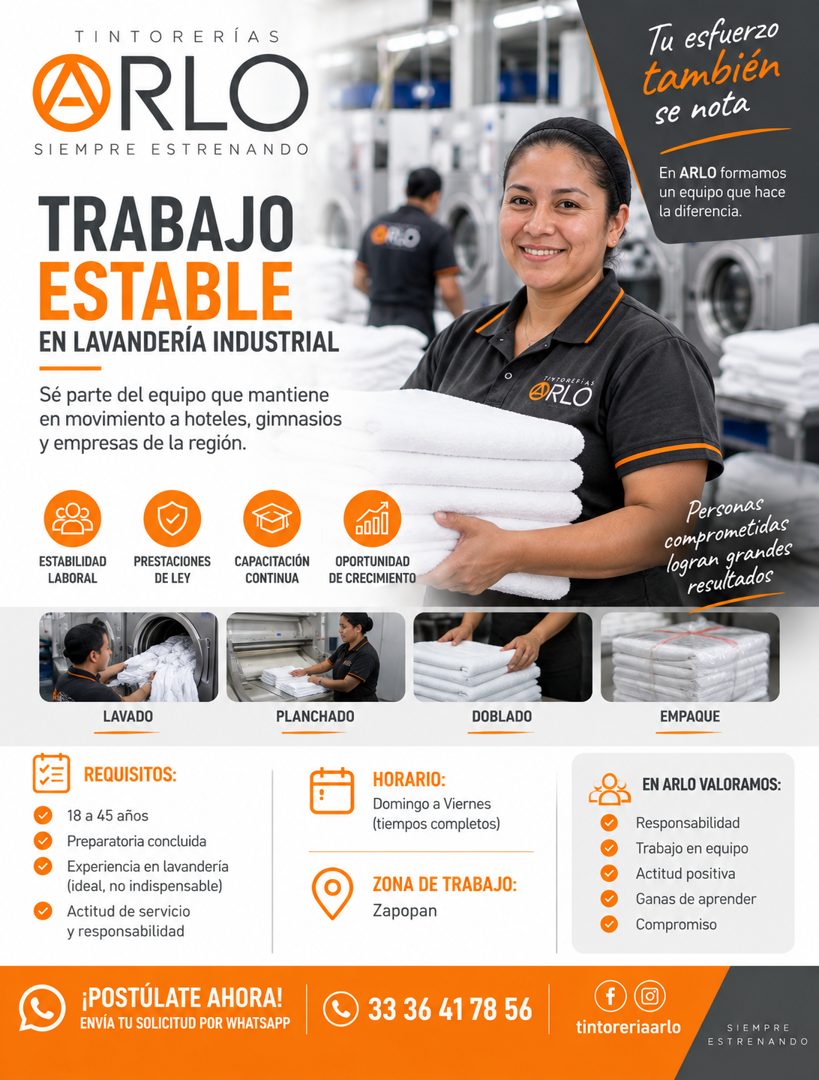 Banner del anuncio de la vacante: TINTORERÍAS · RLO · SIEMPRE ESTRENANDO · TRABAJO · ESTABLE · EN LAVANDERÍA INDUSTRIAL · Sé parte del equipo que mantiene · en movimiento a h