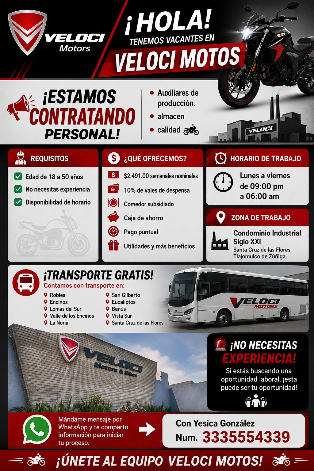 Banner del anuncio de la vacante: VELOCI · Motors · ¡HOLA! · TENEMOS VACANTES EN · VELOCI MOTOS · ¡ESTAMOS · CONTRATANDO · PERSONAL! · • Auxiliares de · producción. · • almac