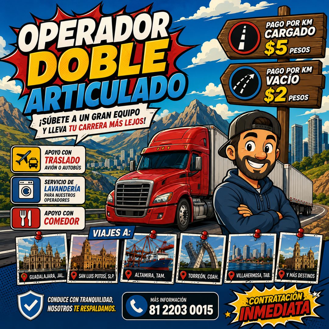Banner del anuncio de la vacante: OPERADOR · DOBLE · ARTICULADO · ¡SÚBETE A UN GRAN EQUIPO · Y LLEVA TU CARRERA MÁS LEJOS! · APOYO CON · TRASLADO · AVIÓN O AUTOBÚS · SERVICIO