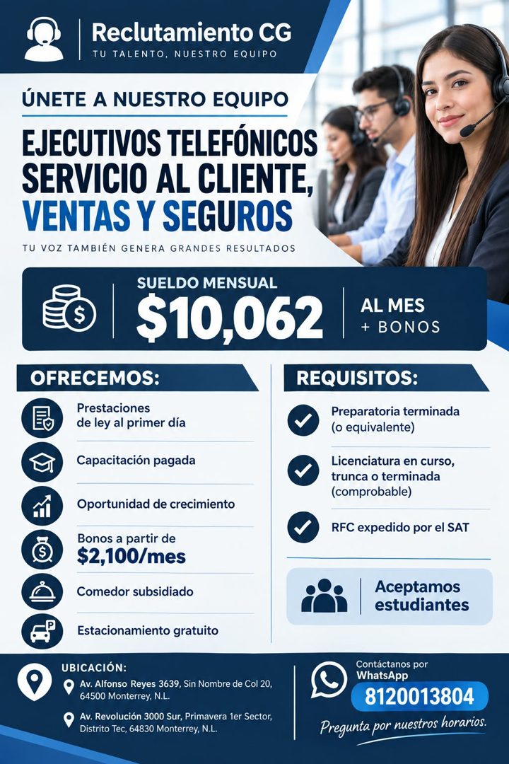 Banner del anuncio de la vacante: Reclutamiento CG · TU TALENTO, NUESTRO EQUIPO · ÚNETE A NUESTRO EQUIPO · EJECUTIVOS TELEFÓNICOS · SERVICIO AL CLIENTE, · VENTAS Y SEGUROS · 