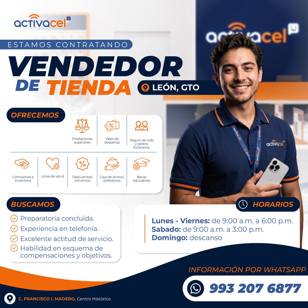 Banner del anuncio de la vacante: acTivacel® · acel · ESTAMOS CONTRATANDO · VENDEDOR · DE TIENDA · LEÓN, GTO · OFRECEMOS · Prestaciones · superiores · Vales de · despensa · D