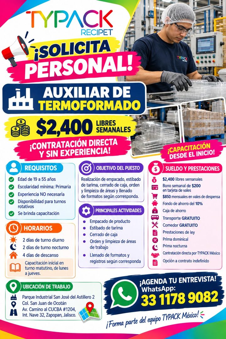Banner del anuncio de la vacante: ТУРЛСК · RECIPET · ¡SOLICITA · PERSONAL! · AUXILIAR DE · TERMOFORMADO · $2,400 · LIBRES · SEMANALES · ¡CONTRATACIÓN DIRECTA · Y SIN EXPERIEN