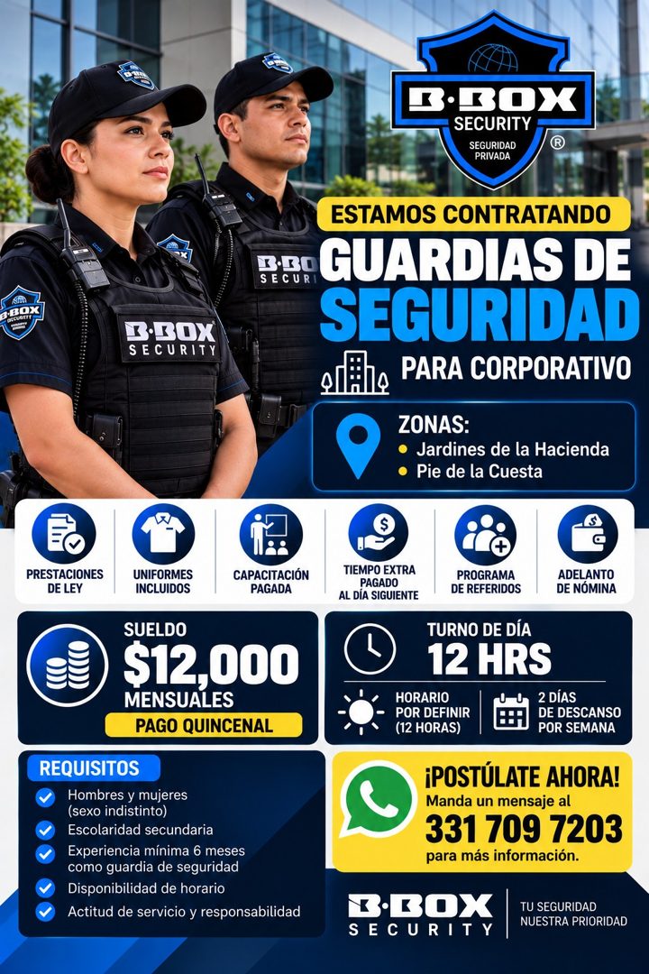 Banner del anuncio de la vacante: B.BOX · SECURITY · SEGURIDAD · PRIVADA · Sien · aLCUENTE · B•BOX · SECURITY · ESTAMOS CONTRATANDO · B.30 · SECURI · GUARDIAS DE · SEGURIDAD 