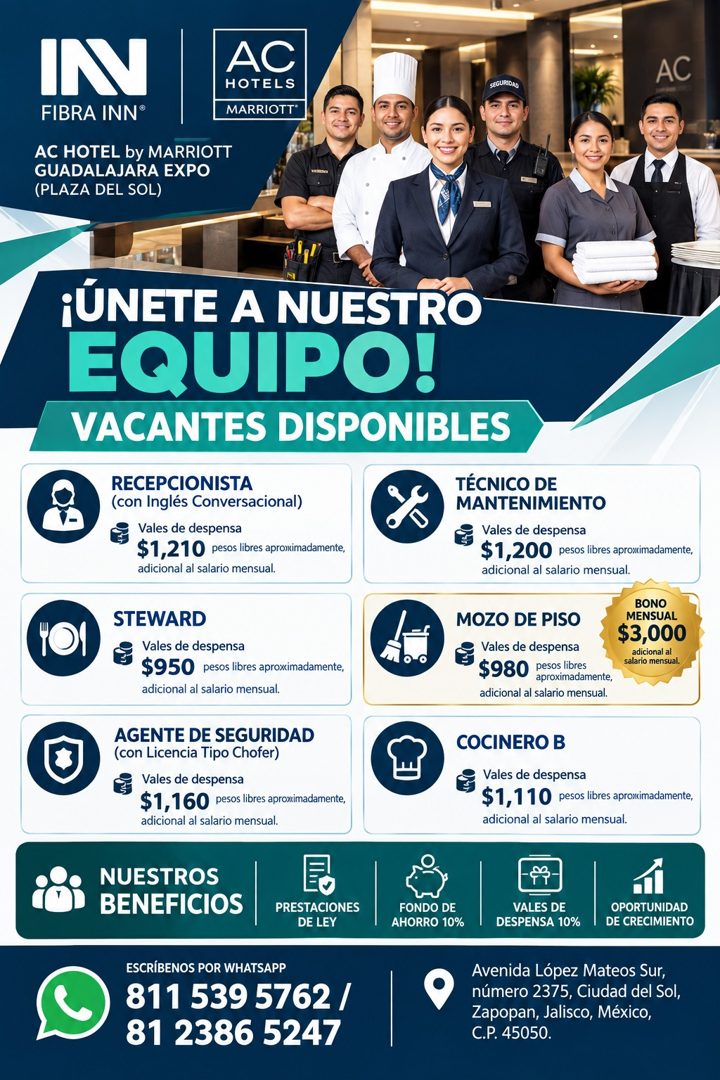 Banner del anuncio de la vacante: INV · FIBRA INN® · AC HOTEL by MARRIOTT · GUADALAJARA EXPO · (PLAZA DEL SOL) · AC · HOTELS · MARRIOTT · SEGURIDAD · AC · ¡ÚNETE A NUESTRO · 
