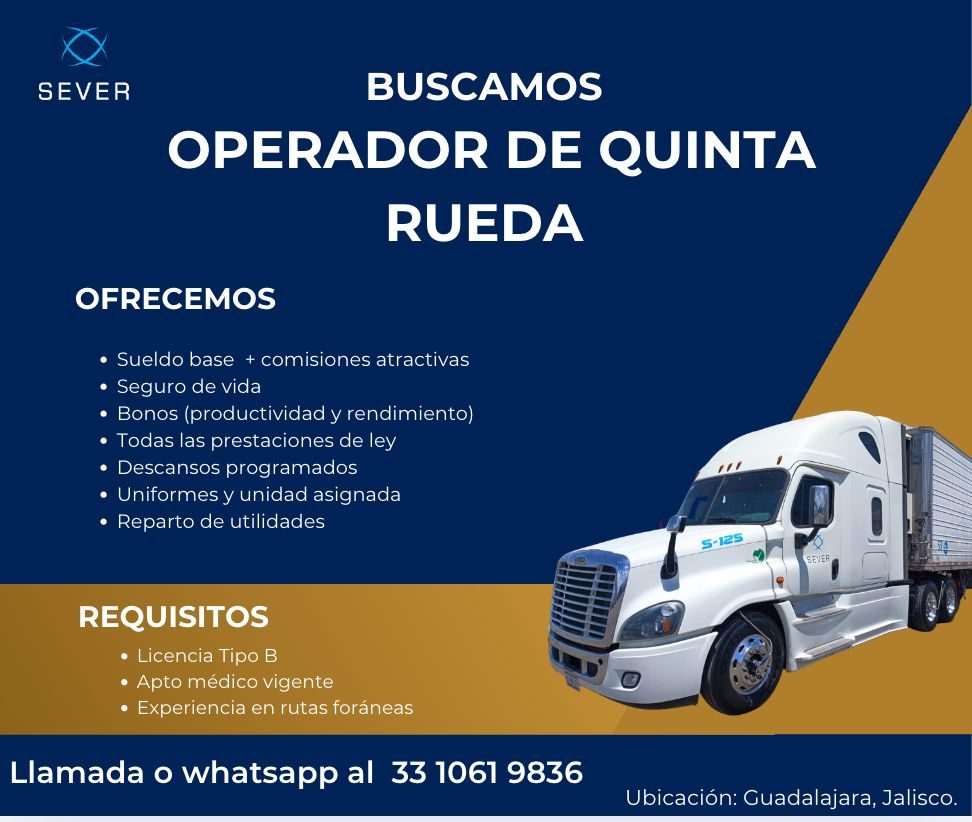 Banner del anuncio de la vacante: SEVER · BUSCAMOS · OPERADOR DE QUINTA · RUEDA · OFRECEMOS · • Sueldo base + comisiones atractivas · • Seguro de vida · • Bonos (productivida