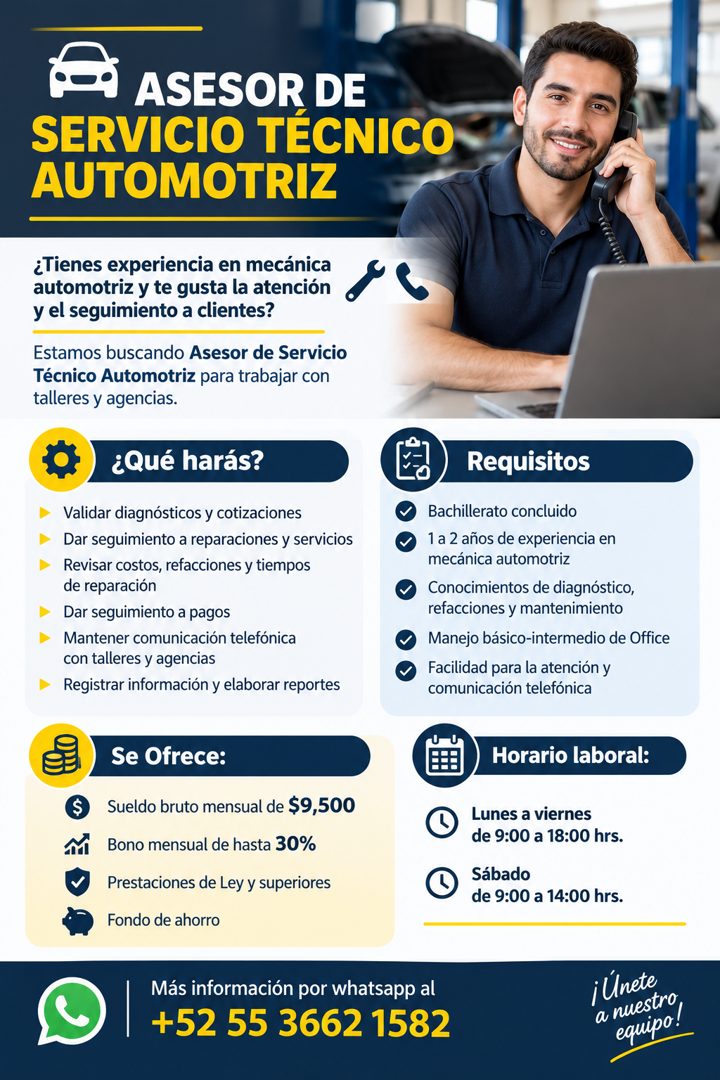 Banner del anuncio de la vacante: ASESOR DE · SERVICIO TÉCNICO · AUTOMOTRIZ · ¿Tienes experiencia en mecánica · automotriz y te gusta la atención · y el seguimiento a cliente