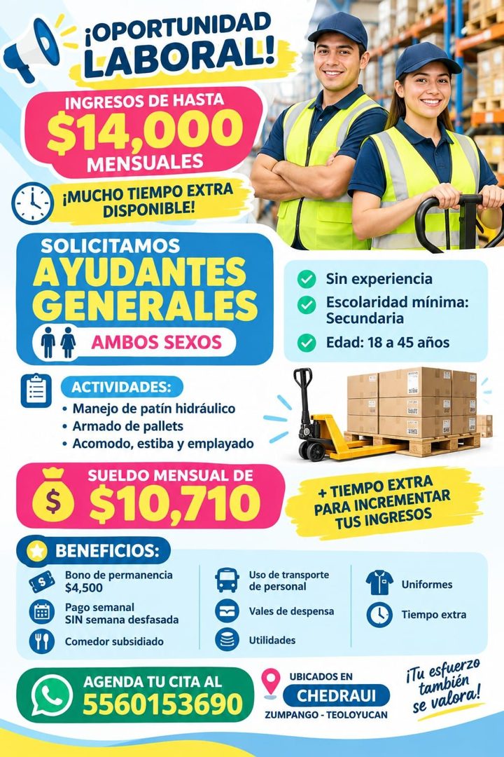 Banner del anuncio de la vacante: ¡OPORTUNIDAD · LABORAL! · INGRESOS DE HASTA · $14,000 · MENSUALES · ¡MUCHO TIEMPO EXTRA · DISPONIBLE! · SOLICITAMOS · AYUDANTES · GENERALES 