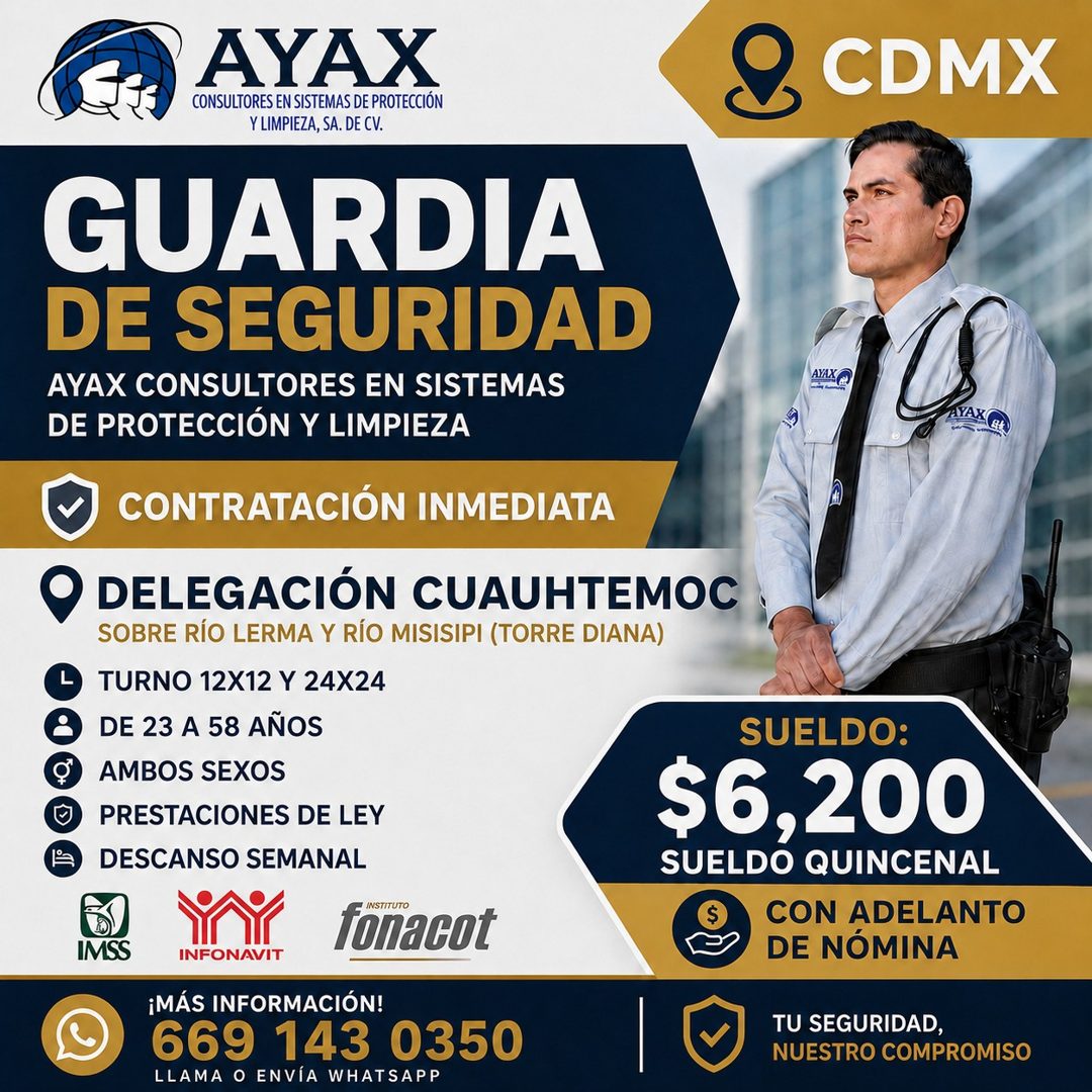 Banner del anuncio de la vacante: AYAX · CONSULTORES EN SISTEMAS DE PROTECCIÓN · Y LIMPIEZA, SA. DE CV. · GUARDIA · DE SEGURIDAD · AYAX CONSULTORES EN SISTEMAS · DE PROTECCIÓ