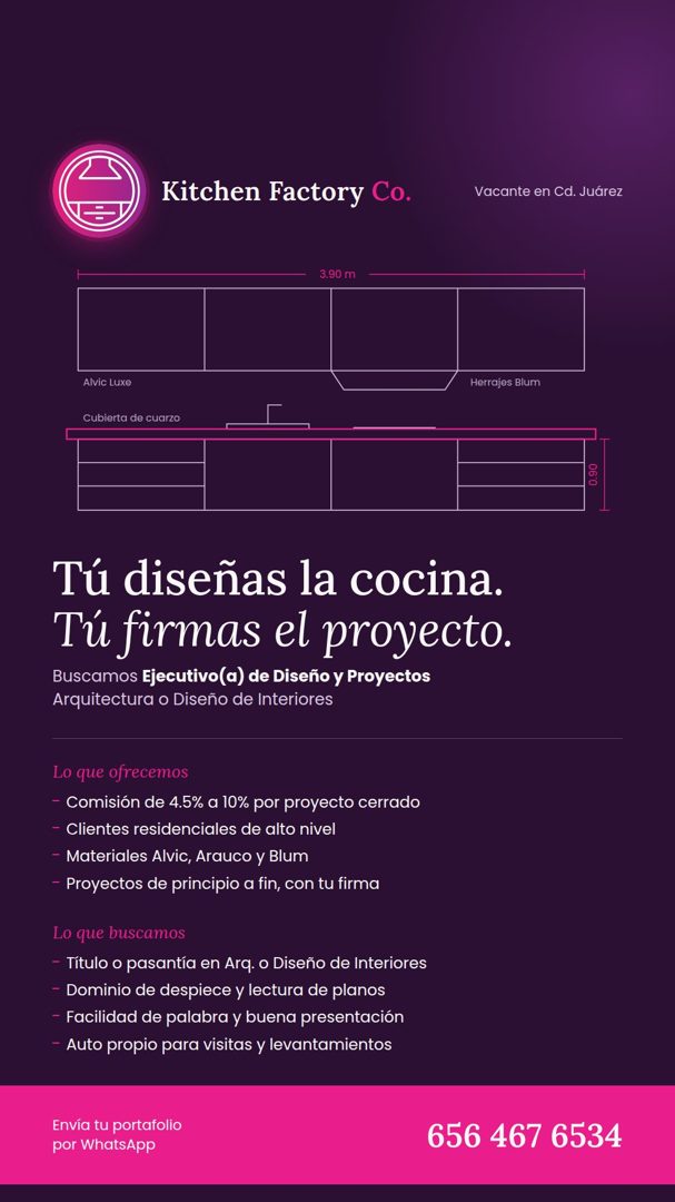 Banner del anuncio de la vacante: Kitchen Factory Co. · Vacante en Cd. Juárez · 3.90 m · Alvic Luxe · Cubierta de cuarzo · Herrajes Blum · 0.90 · Tú diseñas la cocina. · Tú f