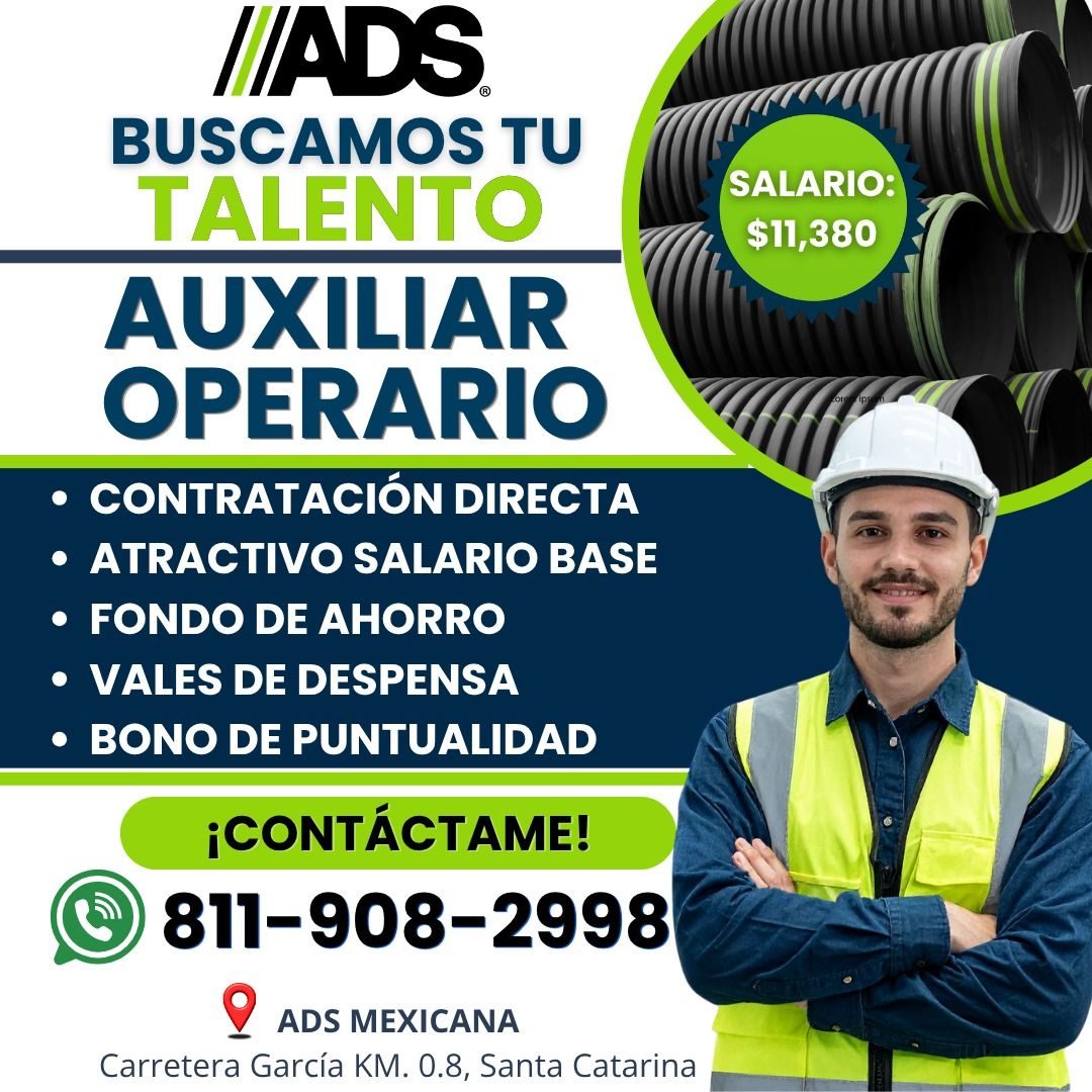 Banner del anuncio de la vacante: H/ADS. · BUSCAMOS TU · TALENTO · AUXILIAR · OPERARIO · • CONTRATACIÓN DIRECTA · • ATRACTIVO SALARIO BASE · • FONDO DE AHORRO · • VALES DE DE